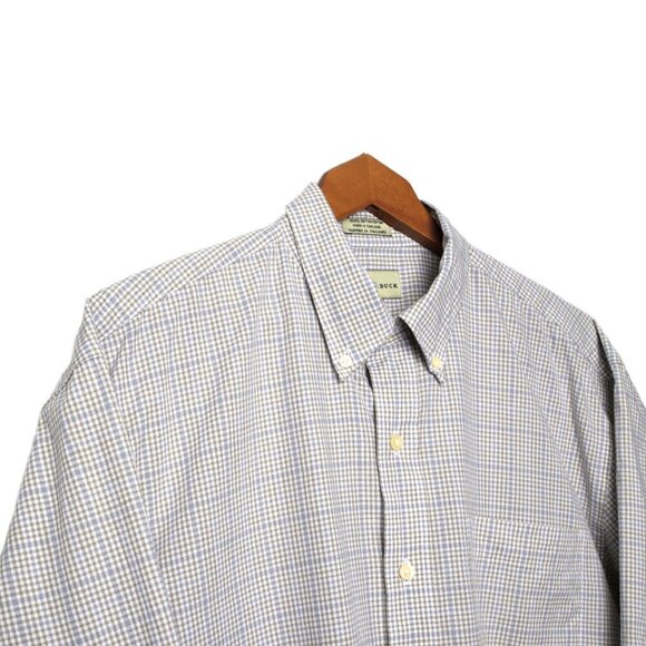 Cutter & Buck Men's Plaid Short Sleeve Oxford Shirt Button Down Cotton Blue Tan - Picture 5 of 9